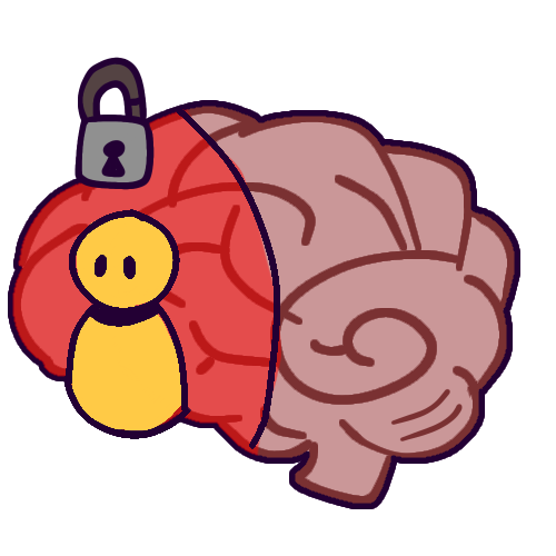 Drawing of a brain with a single yellow person at the front of the brain. They have dot eyes and no discernible expression. There is a padlock above them and a red barrier behind them separating them from the rest of the brain.